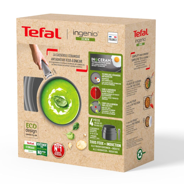 Set 4 piese Tefal Ingenio Renew L2609402, oale 16 / 18 / 20 cm, maner detasabil, inductie, invelis antiaderent ceramic, 100% aluminiu reciclat, g [3]