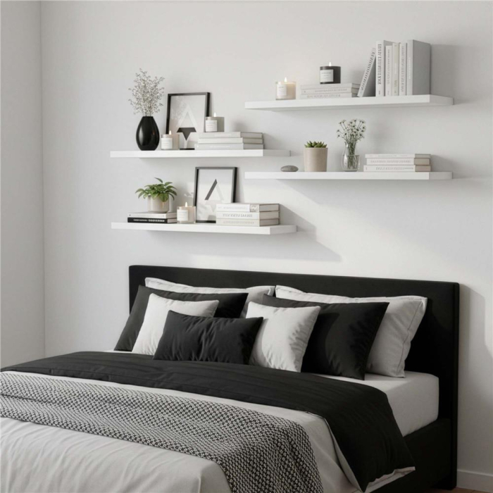 Set 4 rafturi supendate de perete, MDF cu suport metalic ingropat, 40x15 cm, alb [3]