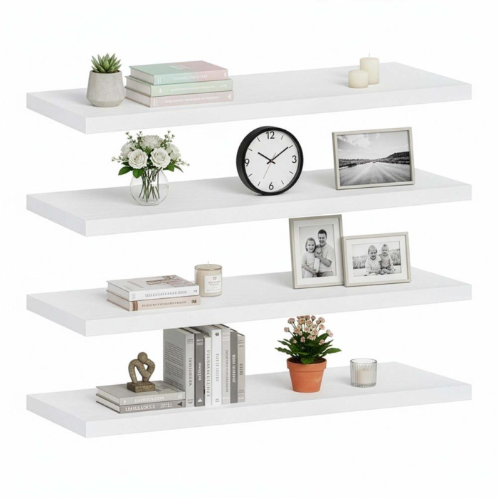 Set 4 rafturi supendate de perete, MDF cu suport metalic ingropat, 40x15 cm, alb [5]