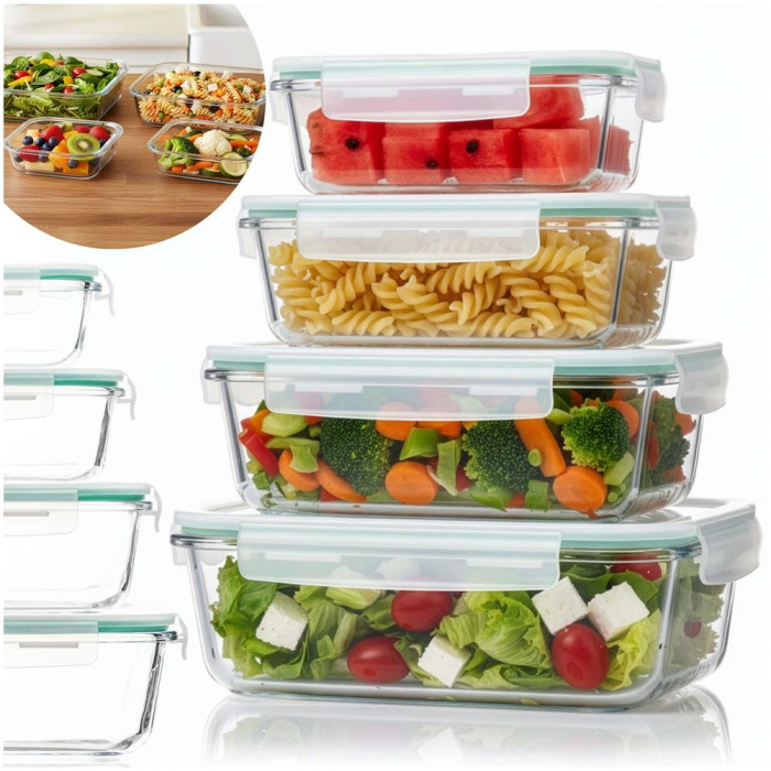 Set 4 recipiente din sticla termorezistenta, cu capac etans, BPA free, 350ml / 600ml / 1000ml / 1450ml , transparent [5]