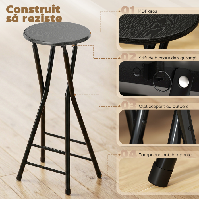  Set 4 Scaune de Bar Pliabile cu Suport dublu pentru Picioare, din Lemn si Otel, 34x30x70 cm, Negru [5]