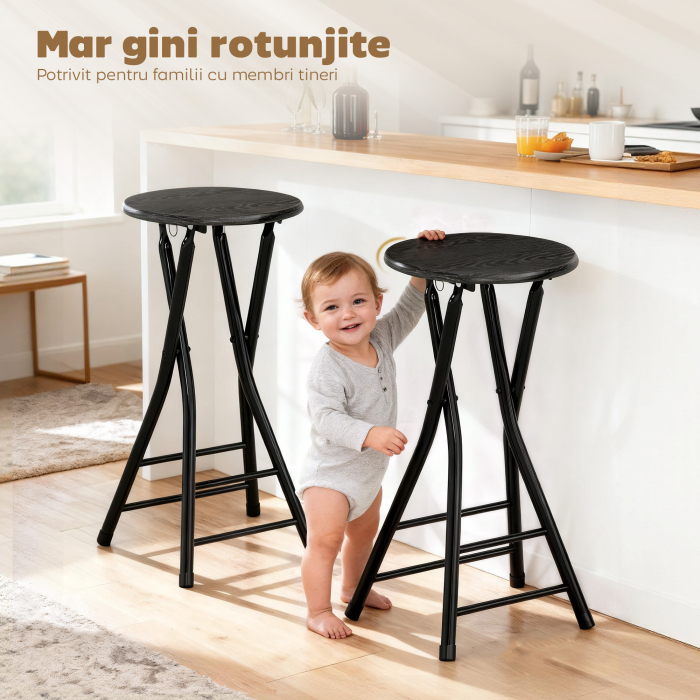  Set 4 Scaune de Bar Pliabile cu Suport dublu pentru Picioare, din Lemn si Otel, 34x30x70 cm, Negru [6]