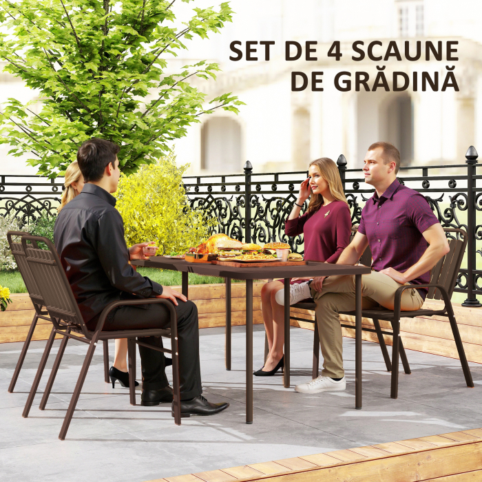  Set 4 Scaune de Exterior Stivuibile cu Spatar inalt si Brate, din Otel si PP, 56x66x91 cm, Maro inchis [4]