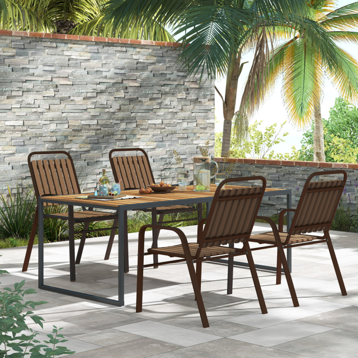  Set 4 Scaune de Exterior Stivuibile cu Spatar inalt si Brate, din Otel si PP, 56x66x91 cm, Maro inchis [8]