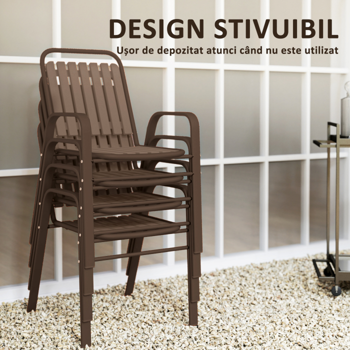  Set 4 Scaune de Exterior Stivuibile cu Spatar inalt si Brate, din Otel si PP, 56x66x91 cm, Maro inchis [5]