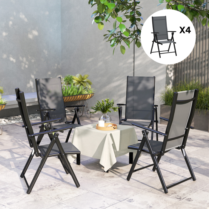  Set 4 Scaune de Gradina Pliabile si Respirabile cu Brate, din Otel si Poliester, 56x69x106 cm, Gri [7]