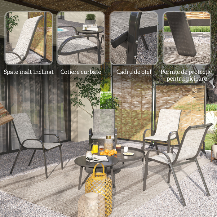  Set 4 Scaune de Gradina Stivuibile cu Brate Curbate, din Otel si Material Respirabil, 54x71x93 cm, Gri [6]