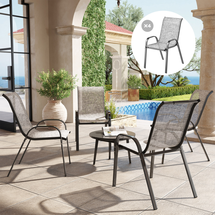  Set 4 Scaune de Gradina Stivuibile cu Brate Curbate, din Otel si Material Respirabil, 54x71x93 cm, Gri [2]