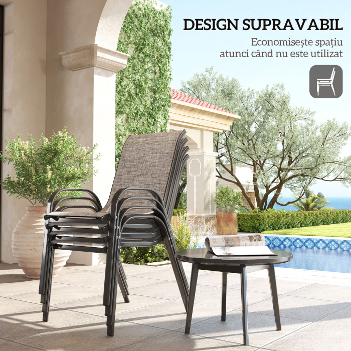  Set 4 Scaune de Gradina Stivuibile cu Brate Curbate, din Otel si Material Respirabil, 54x71x93 cm, Gri [4]