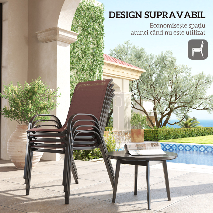  Set 4 Scaune de Gradina Stivuibile cu Brate Curbate, din Otel si Material Respirabil, 54x71x93 cm, Maro [4]