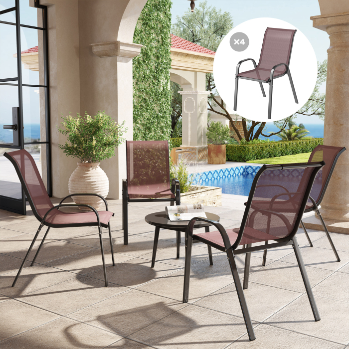  Set 4 Scaune de Gradina Stivuibile cu Brate Curbate, din Otel si Material Respirabil, 54x71x93 cm, Maro [2]