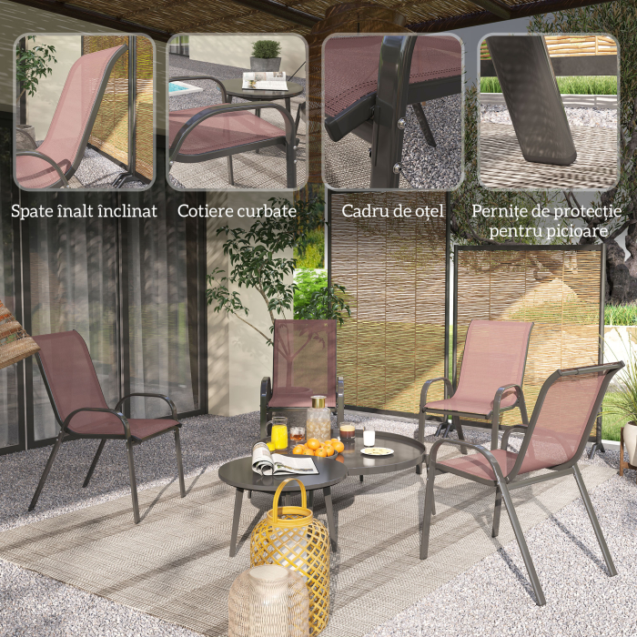  Set 4 Scaune de Gradina Stivuibile cu Brate Curbate, din Otel si Material Respirabil, 54x71x93 cm, Maro [6]