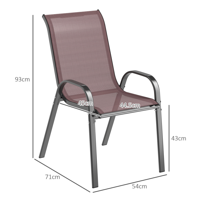  Set 4 Scaune de Gradina Stivuibile cu Brate Curbate, din Otel si Material Respirabil, 54x71x93 cm, Maro [3]