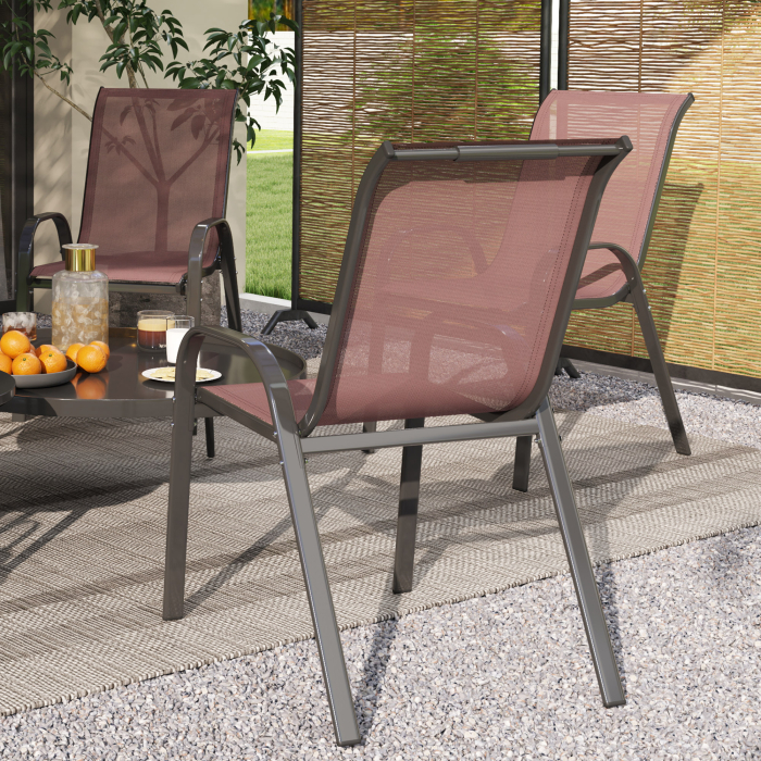  Set 4 Scaune de Gradina Stivuibile cu Brate Curbate, din Otel si Material Respirabil, 54x71x93 cm, Maro [9]