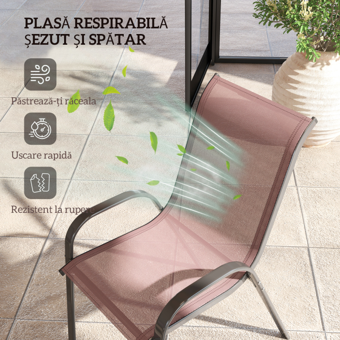  Set 4 Scaune de Gradina Stivuibile cu Brate Curbate, din Otel si Material Respirabil, 54x71x93 cm, Maro [5]