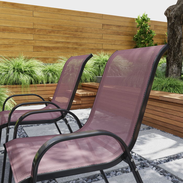  Set 4 Scaune de Gradina Stivuibile cu Brate Curbate, din Otel si Material Respirabil, 54x71x93 cm, Maro [7]
