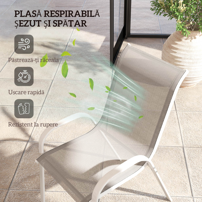  Set 4 Scaune de Gradina Stivuibile cu Brate Curbate, din Otel si tesatura Respirabila, 54x71x93 cm, Gri Alb [5]