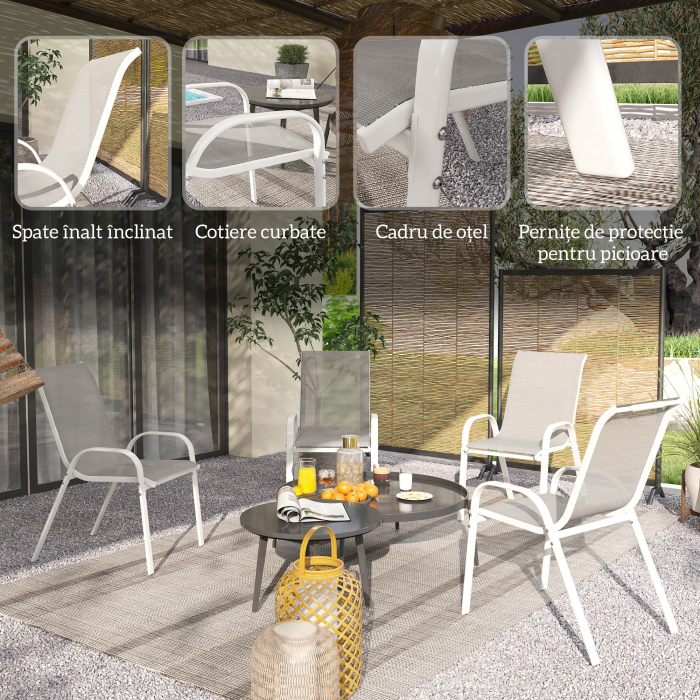  Set 4 Scaune de Gradina Stivuibile cu Brate Curbate, din Otel si tesatura Respirabila, 54x71x93 cm, Gri Alb [6]