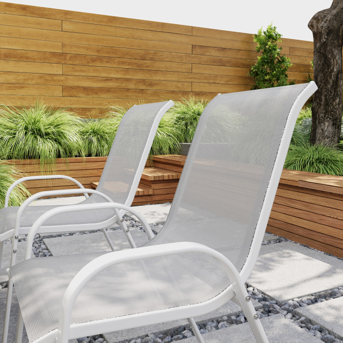  Set 4 Scaune de Gradina Stivuibile cu Brate Curbate, din Otel si tesatura Respirabila, 54x71x93 cm, Gri Alb [7]