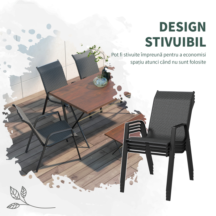  Set 4 Scaune de Gradina Stivuibile cu Manere din Ratan PE si Otel, Gri [5]