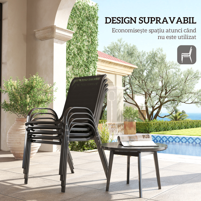 Set 4 Scaune de Gradina Stivuibile din Otel si tesatura de Plasa Respirabila, 54x71x93 cm, Negru [4]