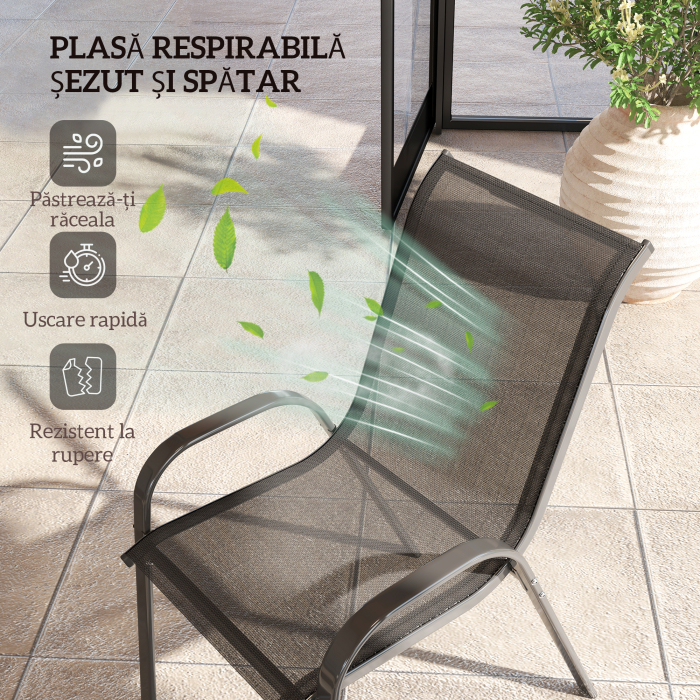  Set 4 Scaune de Gradina Stivuibile din Otel si tesatura de Plasa Respirabila, 54x71x93 cm, Negru [5]