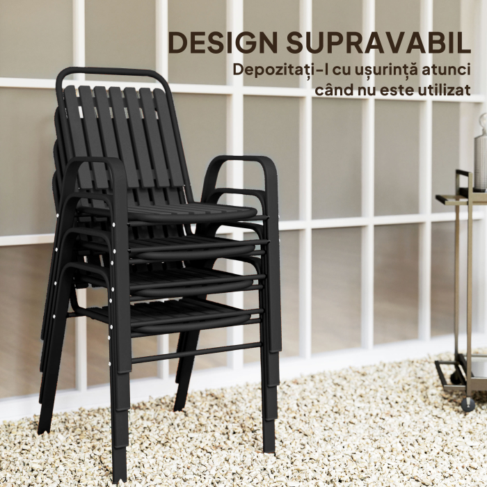  Set 4 Scaune de Gradina Stivuibile Scaune de Exterior 56x66x91 cm Negru [5]