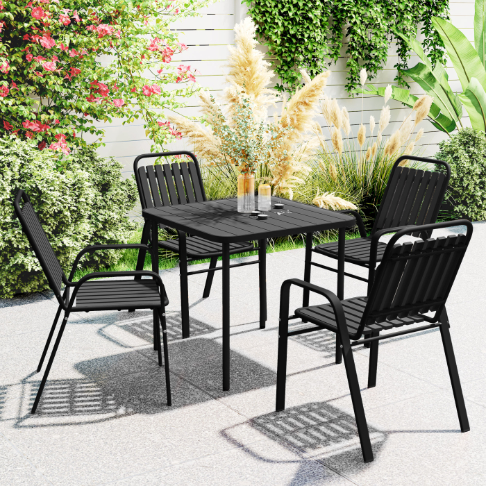  Set 4 Scaune de Gradina Stivuibile Scaune de Exterior 56x66x91 cm Negru [2]