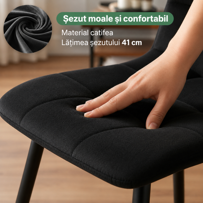 Set 4 scaune dining tapitate Nero din catifea, sezut matlasat, picioare metalice, 46x44x87 cm, maxim 130 kg, negru [6]
