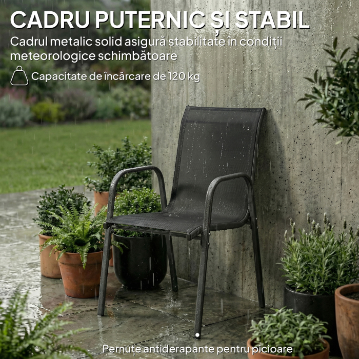  Set 4 Scaune Empilabile si Respirabile cu Spatar inalt si Cotiere, din Metal si Poliester, 51L x 69P x 87i cm, Negru [8]