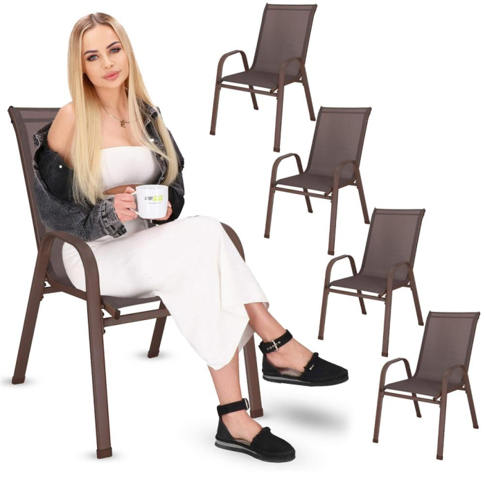 Set 4 scaune gradina cu brate, cadru otel si sezut textilene, 53x72x92 cm, maro [13]