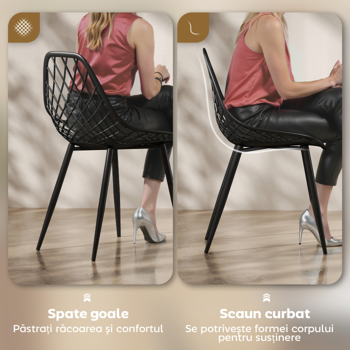  Set 4 Scaune Moderne cu Spatar Perforat Plastic si Metal Negru [4]