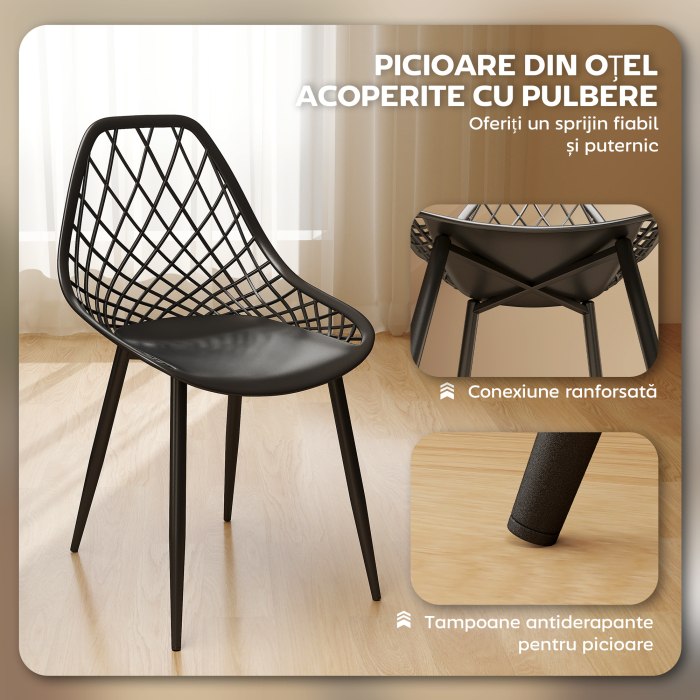  Set 4 Scaune Moderne cu Spatar Perforat Plastic si Metal Negru [5]