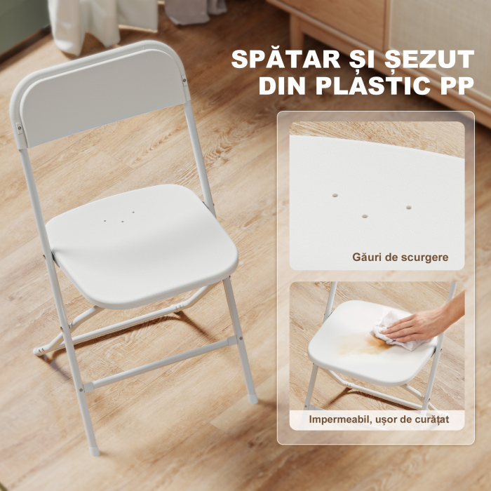  Set 4 Scaune Pliabile cu Orificii de Drenaj din Plastic si Metal, 45x49x79,5 cm, Alb [5]
