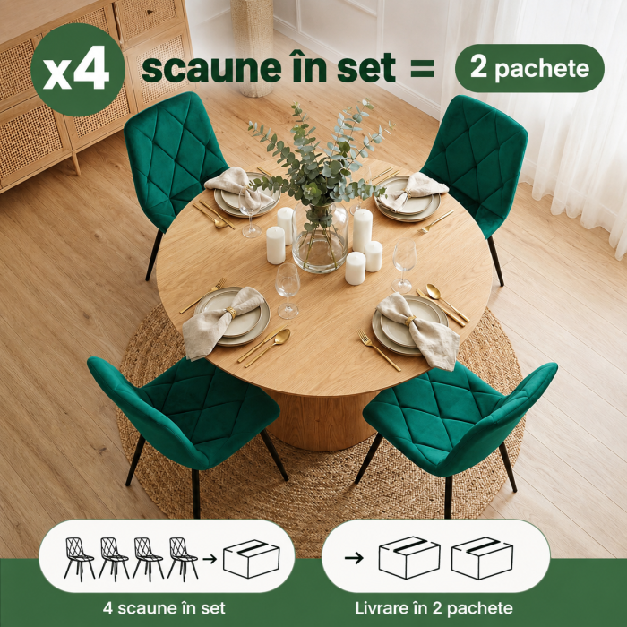 Set 4 scaune tapitate din catifea Milo, sezut matlasat, picioare metalice, 46x44x87 cm, maxim 130 kg, verde [9]