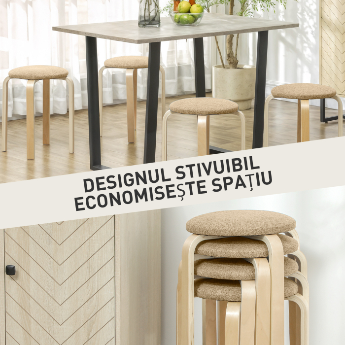  Set 4 Taburete Stivuibile si Captusite cu tesatura si Picioare din Lemn, Kaki [4]