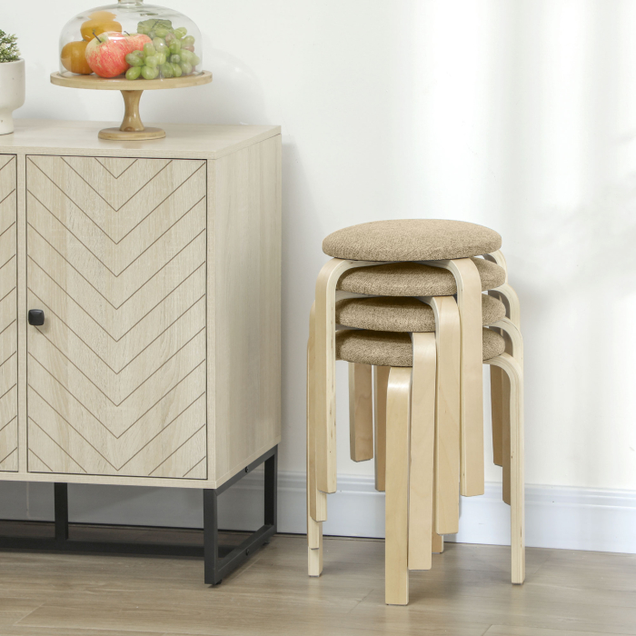  Set 4 Taburete Stivuibile si Captusite cu tesatura si Picioare din Lemn, Kaki [8]