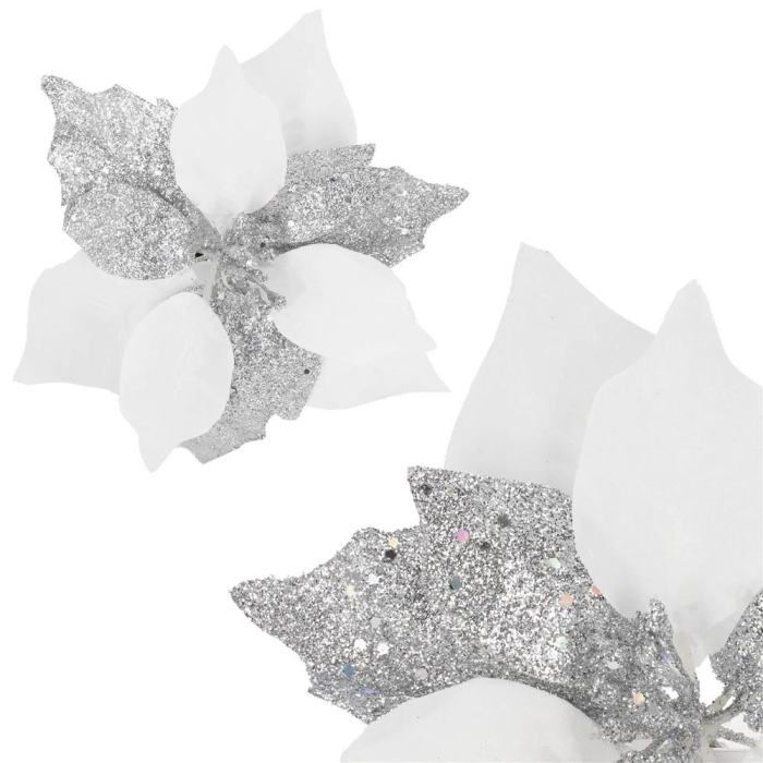 Set 5 ornamente pentru bradul de Craciun, stea Poinsettia, 23cm, alb argintiu [8]
