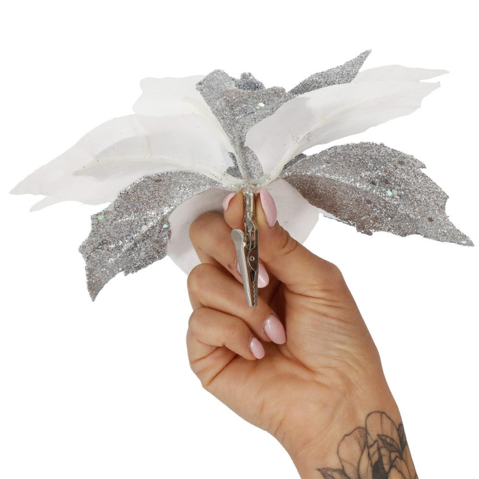 Set 5 ornamente pentru bradul de Craciun, stea Poinsettia, 23cm, alb argintiu [2]