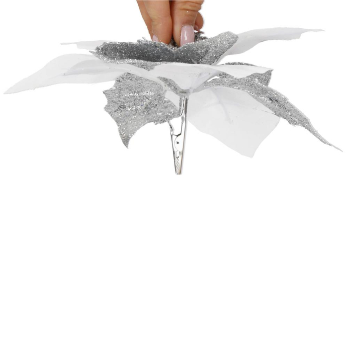 Set 5 ornamente pentru bradul de Craciun, stea Poinsettia, 23cm, alb argintiu [5]