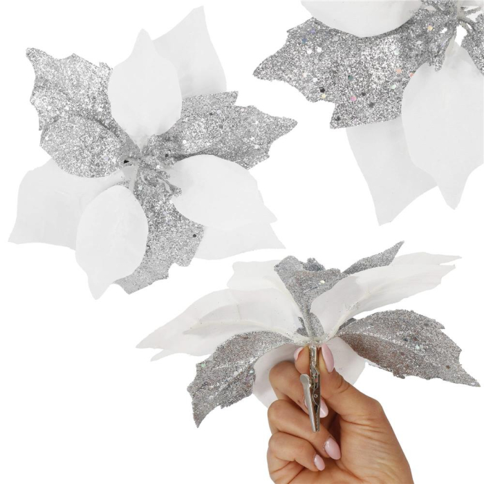 Set 5 ornamente pentru bradul de Craciun, stea Poinsettia, 23cm, alb argintiu [6]