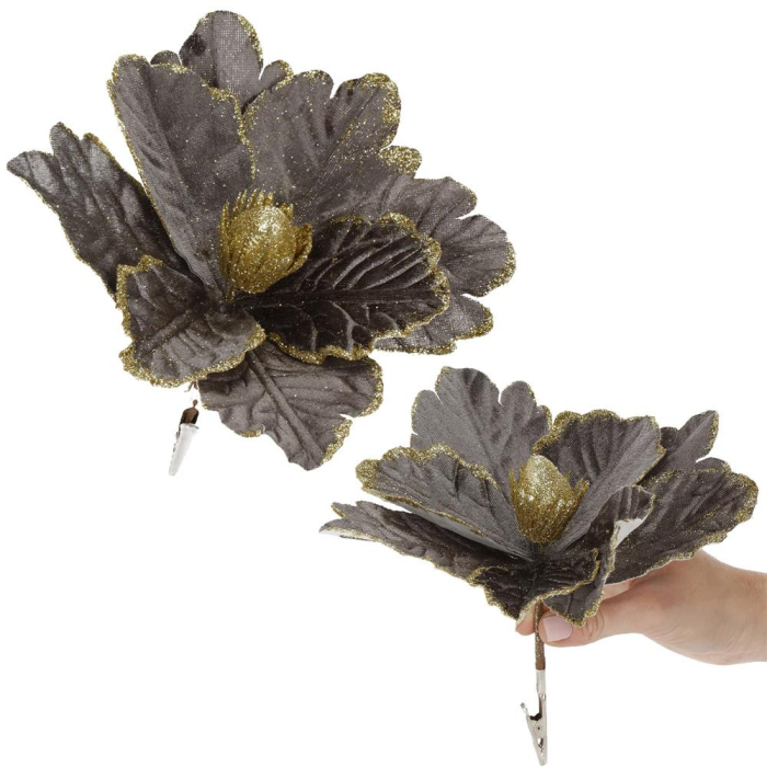 Set 5 ornamente pentru bradul de Craciun, stea Poinsettia, 23cm, gri auriu [2]