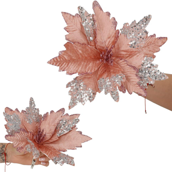 Set 5 ornamente pentru bradul de Craciun, stea Poinsettia, 26cm, roz argintiu [12]