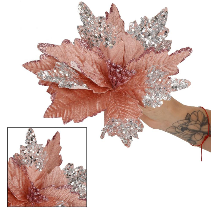 Set 5 ornamente pentru bradul de Craciun, stea Poinsettia, 26cm, roz argintiu [10]