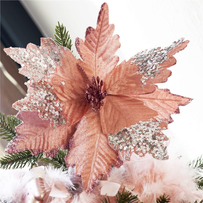 Set 5 ornamente pentru bradul de Craciun, stea Poinsettia, 26cm, roz argintiu [1]