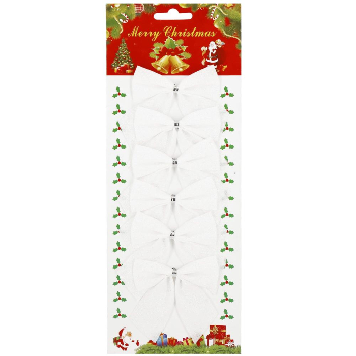 Set 6 ornamente pentru bradul de Craciun, fundita, 8cm, alb [1]