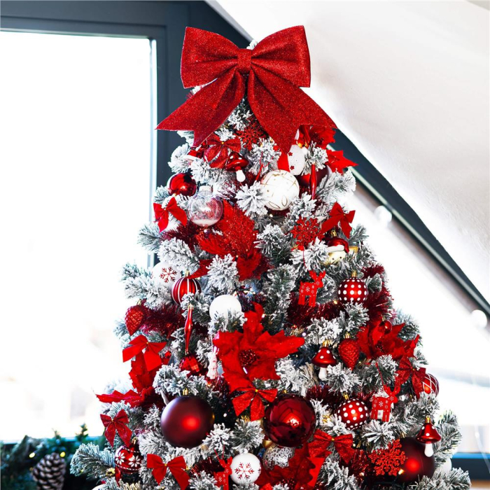 Set 6 ornamente pentru bradul de Craciun, fundita, 8cm, rosu cu sclipici [9]