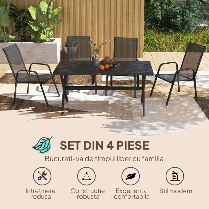  Set 6 Piese Scaune de Gradina cu Cotiere, Scaune de Exterior Stivuibile din Metal si Tesatura Respirabila, Maro [4]