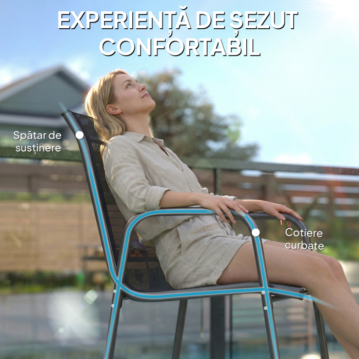  Set 6 Scaune Empilabile si Respirabile cu Cotiere si Spatar inalt, din Metal si Poliester, 51L x 69A x 87i cm, Negru [5]