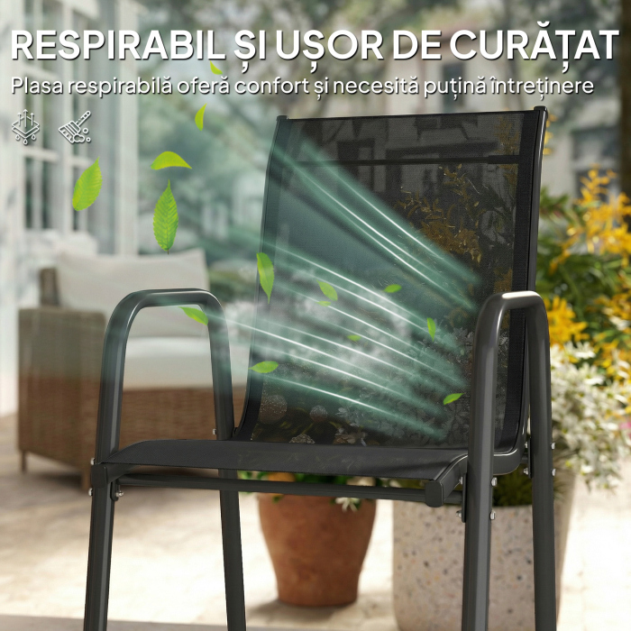  Set 6 Scaune Empilabile si Respirabile cu Cotiere si Spatar inalt, din Metal si Poliester, 51L x 69A x 87i cm, Negru [7]